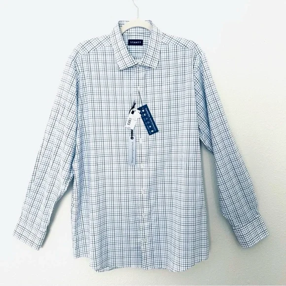 Stantt NEW Performance Tech Stretch Shirt Blue Black Tattersall Size 17.5 34/35 - Picture 1 of 13